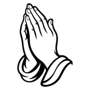May include: A black and white graphic illustration of two hands pressed together in a prayer position. The design features bold, clean lines outlining the fingers, palms, and wrists, with a simple, stylized cuff visible at the base of each arm.