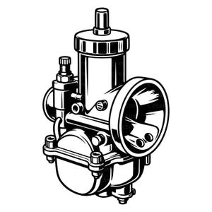 May include: A black and white graphic illustration of a motorcycle carburettor. The mechanical component features a cylindrical main body, a circular intake port, a fuel bowl at the base, and various adjustment screws and fittings in high contrast.