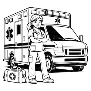 Könnte beinhalten: Eine schwarz-weiße Strichzeichnung, die eine medizinische Fachkraft mit verschränkten Armen vor einem Krankenwagen zeigt. Im Vordergrund steht eine medizinische Tasche mit einem Kreuzsymbol. Der Krankenwagen zeigt das Symbol des Stern des Lebens.