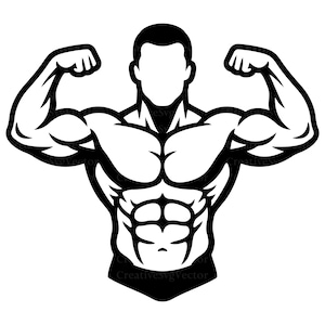 Op de afbeelding: Een zwart-witte grafische illustratie van een gespierd figuur met gedefinieerde borst- en buikspieren, getoond vanaf de taille. Het figuur heeft beide armen omhoog in een dubbele biceps-pose, uitgevoerd in een zwart silhouet met witte details.