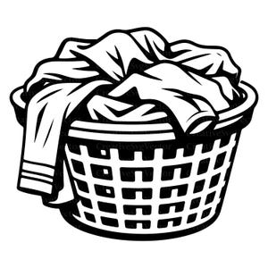 May include: A black and white graphic illustration of a round laundry basket with a grid pattern, filled with a pile of folded clothing items that drape over the side. The design features bold lines and high contrast, depicting laundry.