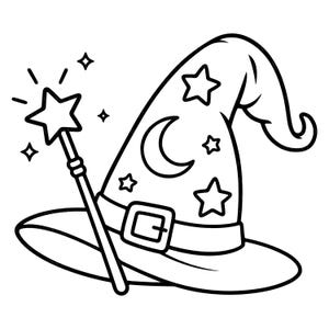 May include: A black and white line art illustration of a pointed wizard hat featuring a crescent moon and star pattern with a buckled band, positioned next to a star-tipped magic wand surrounded by small sparkling star accents.