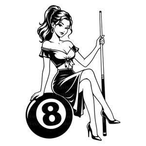 Könnte beinhalten: Eine schwarz-weiße grafische Illustration einer Person mit Pferdeschwanz, die ein vorne gebundenes Oberteil und einen Rock trägt und auf einer großen Acht-Ball-Billardkugel sitzt. Die Person hält ein langes Billard-Queue in der Hand.