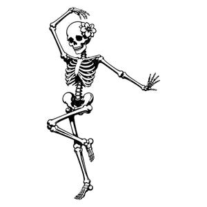 May include: A black and white graphic illustration of a human skeleton in a dancing pose. The skeleton has one arm raised above its head and the other extended to the side, with one leg bent at the knee. A single flower is placed on the skull.