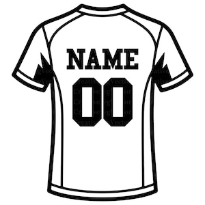 Può includere: Una maglia sportiva bianca a maniche corte con bordi e contorni neri. Il retro della maglia presenta la parola NAME in grassetto nero a caratteri maiuscoli sopra il grande numero nero 00, centrato sul pannello posteriore.