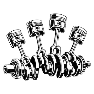 May include: A black and white graphic illustration of a four-cylinder engine crankshaft assembly. The design features four metal pistons attached to connecting rods, which are connected to a central rotating crankshaft with gear components.