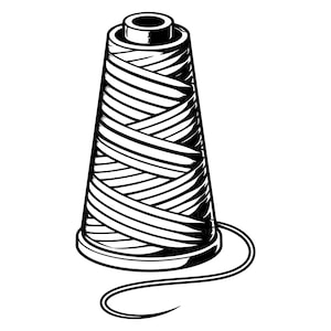Può includere: Un'illustrazione grafica in bianco e nero di una bobina di filo conica. La bobina presenta un motivo di avvolgimento incrociato con un singolo filo che si estende dalla base, reso in uno stile di disegno al tratto netto e contrastato.
