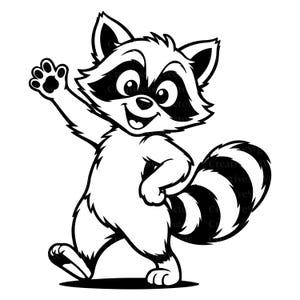 May include: A black and white vector illustration of a cheerful raccoon standing and waving with one paw raised. The raccoon features a classic striped tail, a mask around its eyes, and a smiling expression, rendered in clean, bold lines.