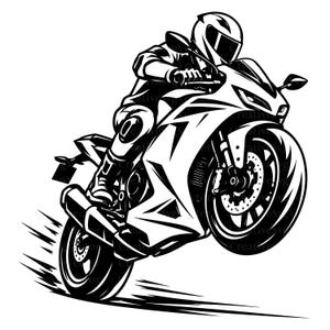 Peut inclure: Une illustration graphique en noir et blanc d'une moto de sport effectuant un wheelie. Le conducteur porte un casque intégral et des équipements de protection. Le design présente des lignes nettes et un contraste élevé, montrant la moto en mouvement.