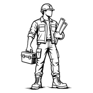 Op de afbeelding: Een zwart-wit lijntekening van een bouwvakker met een veiligheidshelm, een jas met kraag en werkschoenen. De figuur houdt in de ene hand een rechthoekige gereedschapskist en in de andere hand een set opgerolde bouwtekeningen vast.