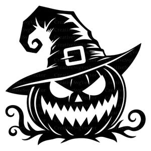May include: A black and white graphic illustration of a jack-o'-lantern pumpkin wearing a pointed witch hat with a buckle. The pumpkin features a jagged, menacing grin and sharp, triangular eyes, with swirling vine-like details at the base.