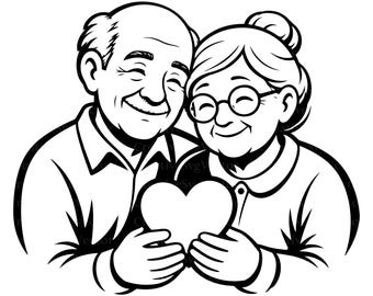 May include: A black and white line art illustration of an elderly couple smiling together. The person on the left has short hair and a collared shirt, while the person on the right wears round glasses and has hair in a bun. They hold a heart shape.