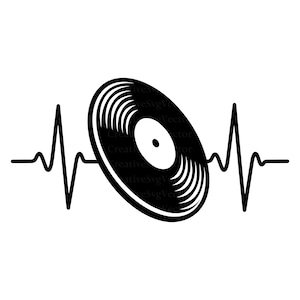 May include: A black and white graphic illustration featuring a vinyl record positioned in the center of a horizontal heartbeat line. The record displays circular grooves and a central white label, integrated into the EKG pulse wave pattern.