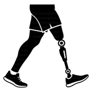 May include: A black silhouette graphic of a person walking, featuring one natural leg and one prosthetic leg. The figure wears shorts and athletic sneakers on both feet. The prosthetic limb shows a mechanical joint structure and a foot component.