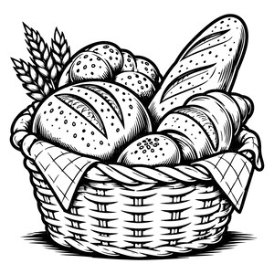 May include: A black and white line art illustration of a woven basket filled with various types of bread, including a baguette, round loaves, and rolls, accented with stalks of wheat tucked into the side of the basket.