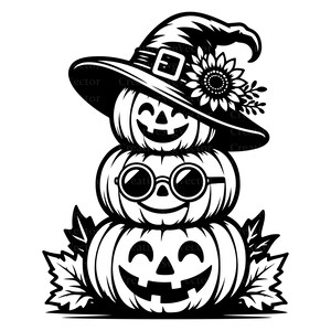 May include: A black and white graphic illustration of a stack of three carved pumpkins. The top pumpkin wears a witch hat adorned with a sunflower. The middle pumpkin wears round glasses. The bottom pumpkin is surrounded by stylized autumn leaves.