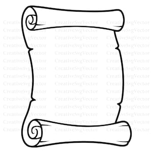 Peut inclure: Une illustration en noir et blanc au trait représentant un parchemin en papier vierge. Le parchemin présente des extrémités enroulées en haut et en bas avec un espace rectangulaire central pour du texte. Le design est tracé en traits épais.