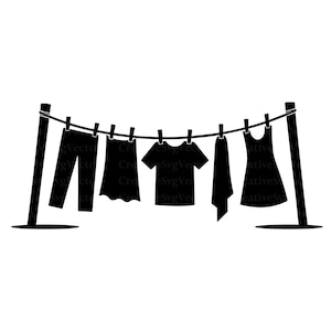 Può includere: Una silhouette grafica nera di un filo per il bucato sospeso tra due pali. Dal filo pendono vari capi di abbigliamento, tra cui un paio di pantaloni, una gonna, una maglietta, un asciugamano e un vestito, fissati con mollette.