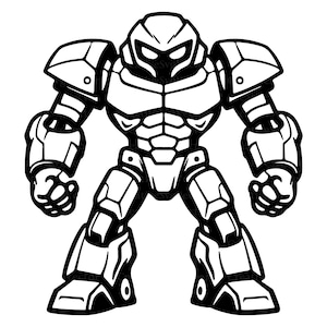 May include: A black and white graphic illustration of a robotic figure in a standing pose. The robot features a rounded helmet, broad shoulder plates, a segmented chest piece, and thick armoured limbs with clenched fists, rendered in bold lines.