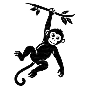 Può includere: Una silhouette grafica nera di una scimmia appesa a un ramo d'albero con una mano. La scimmia ha una coda arricciata, orecchie arrotondate e un volto sorridente. Il design presenta linee pulite e forme nere solide su uno sfondo bianco.