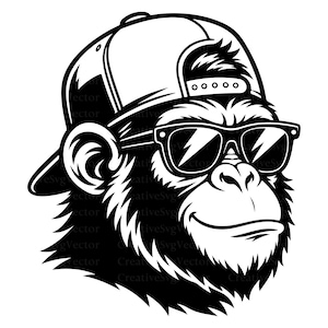 May include: A black and white graphic illustration of a gorilla head wearing a baseball cap facing forward and dark-rimmed sunglasses. The design features bold lines and high contrast shading to define the fur, facial features, and accessories.
