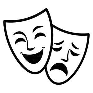 May include: A black and white graphic illustration of two theatrical masks. One mask features a wide, smiling expression with arched eyebrows, while the overlapping second mask displays a downturned, sad expression with curved, drooping eyes.
