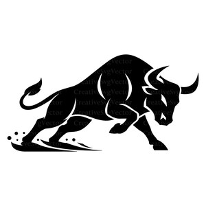 May include: A black silhouette graphic of a charging bull in a dynamic posture with lowered head, sharp horns, and a curved tail, featuring stylized motion lines and small circular accents near the hooves, set against a plain white background.