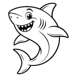 May include: A black and white line art illustration of a smiling shark. The shark is depicted in a side profile view with its mouth open, showing sharp teeth, large eyes, a dorsal fin, pectoral fins, and a curved tail fin in a cartoon style.