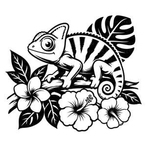 May include: A black and white graphic illustration of a chameleon perched on a branch, surrounded by tropical hibiscus flowers and large monstera leaves. The design features bold lines and high contrast, showcasing the lizard's curled tail.