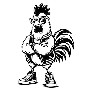 May include: A black and white graphic illustration of a rooster standing with arms crossed. The rooster wears sunglasses, a varsity-style jacket with buttons, and high-top trainers. The design features bold lines and a high-contrast monochromatic style.
