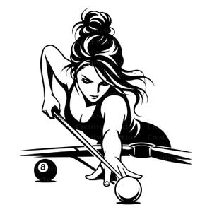 May include: A black and white graphic illustration of a person with hair in a bun leaning over a pool table to take a shot with a cue stick. The scene includes a white cue ball positioned for the shot and a black eight ball nearby on the table.