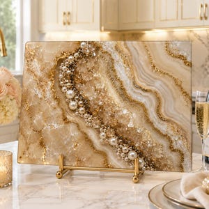 Könnte beinhalten: Ein rechteckiges Servierbrett mit einem Harz-Kunstdesign in wirbelnden Beige-, Creme- und Weißtönen, akzentuiert durch eingebettetes Blattgold, klare Kristalle und weiße Perlen, auf einem goldfarbenen Metallständer präsentiert.
