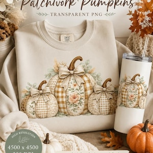 May include: A beige sweatshirt and a white tumbler featuring a watercolour design of three pumpkins with patchwork patterns, floral accents, and bows. The text reads "WATERCOLOR Patchwork Pumpkins" and "TRANSPARENT PNG" with additional technical details.