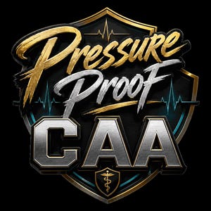 Peut inclure: Un emblème graphique présentant un bouclier doré et argenté avec le texte Pressure Proof dans une police stylisée au-dessus des lettres métalliques en gras CAA. Un graphique de ligne de rythme cardiaque traverse le bouclier et un caducée est centré.