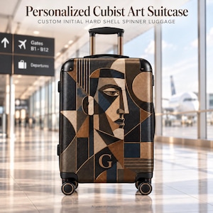 Personalized Suitcase for Men Custom Initial Cubist Art Hard Shell Spinner Luggage Travel Gift for Him