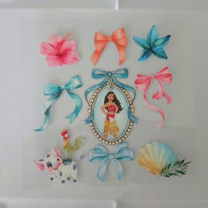 May include: A collection of decorative stickers featuring a central oval portrait of a character with long brown hair, surrounded by various elements including a pink hibiscus flower, orange and blue bows, a blue starfish, a pig, a rooster, and a seashell.
