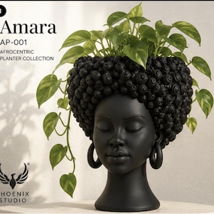 May include: A matte black head-shaped planter featuring a textured, coiled hairstyle and large hoop earrings. The planter holds a green trailing plant. Text on the image reads: 1 Amara AP-001 AFROCENTRIC PLANTER COLLECTION and the Phoenix Studio logo.