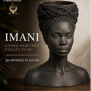 May include: A matte black 3D printed planter shaped like a human head with braided hair. The text reads: 1. HERO IMAGE, IMANI, LIVING HERITAGE COLLECTION, 3D PRINTED PLANTER. The planter features a circular opening at the top of the braided hair.