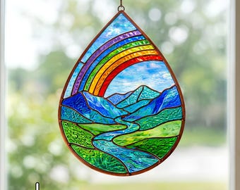 Motivo a vetrata con paesaggio arcobaleno, pannello a goccia SVG PDF PNG, motivo per arte del vetro per principianti
