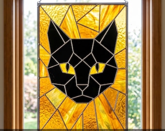 Motivo a vetrata con gatto nero, modello acchiappasole SVG PDF PNG, design gotico per vetrate artistiche