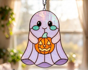 Fantasma con zucca intagliata - Motivo per vetrata artistica, acchiappasole di Halloween SVG PDF PNG, Modello per principianti di arte del vetro