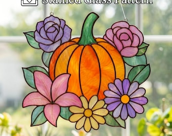 Floral Pumpkin Stained Glass Pattern, Autumn Cottagecore Template, Thanksgiving Diy Decor
