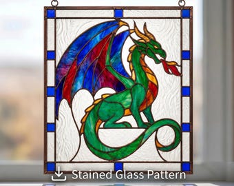 Dragon Stained Glass Pattern,  Fantasy Suncatcher Template SVG PDF PNG, Gothic Glass Art Design