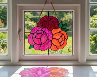 Motivo a vetrata con rose, acchiappasole floreale SVG PDF PNG, design artistico su vetro per principianti