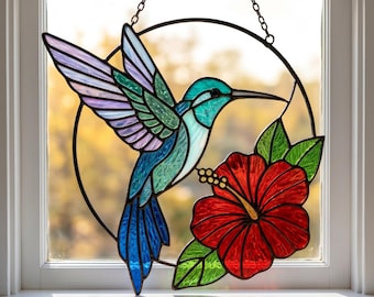 Motivo a vetrata con colibrì, acchiappasole con uccelli e fiori in formato SVG, PDF e PNG, modello con lamina di rame