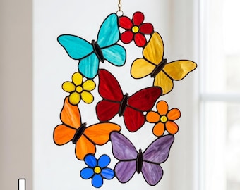 Motivo floreale con farfalle in stile vetrata, acchiappasole a forma di farfalla fai da te, modello floreale SVG PDF PNG