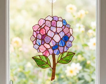Motivo a vetrata con ortensie, modello acchiappasole floreale SVG PDF PNG, arte floreale fai da te su vetro