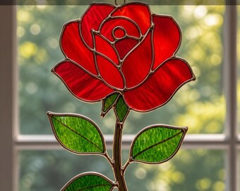 Motivo a vetrata con rosa rossa, acchiappasole floreale SVG PDF PNG, modello per principianti con lamina di rame