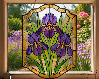 Motivo a vetrata con iris, pannello per finestra con fiori viola, modello acchiappasole floreale SVG PDF PNG
