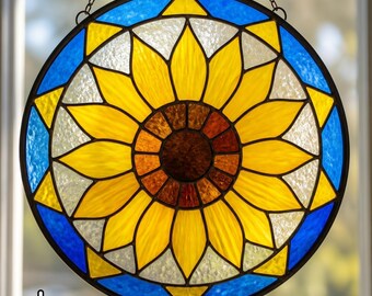 Sunflower Stained Glass Pattern,  Round Window Panel, DIY Flower Suncatcher Template